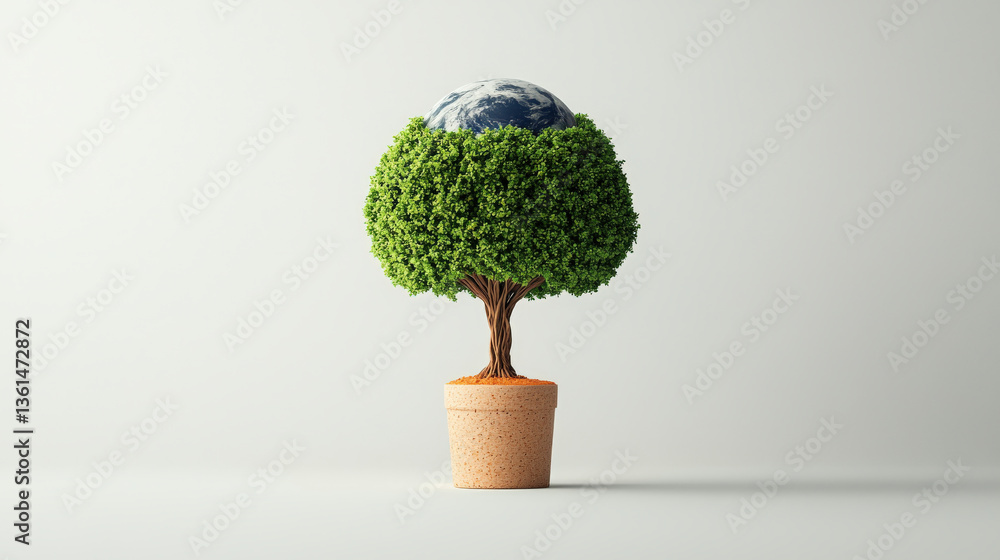 Poster tree with lush green foliage grows from pot, with globe nestled within its branches, symbolizing env