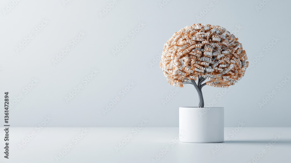 Poster tree sculpture with brain like canopy made of intricate, curled elements sits in minimalist white po