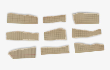 Torn Paper Notes with Grid and Lined Texture on White Background