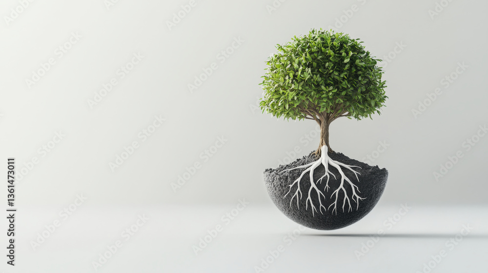 Poster small tree with vibrant green leaves grows from half sphere of soil, with visible roots extending do