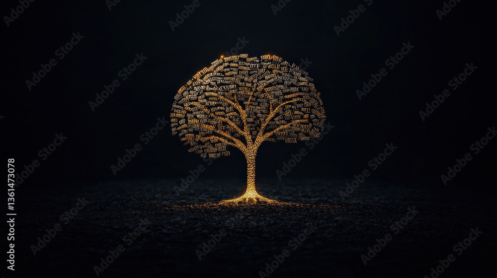 Poster glowing tree made of digital binary code stands out against dark background, symbolizing fusion of nature and technology. luminous branches create striking visual effect