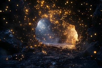 Obraz premium Luminous Cavern Trail: Twinkling Lights Reflecting Off Enigmatic Stone Formations