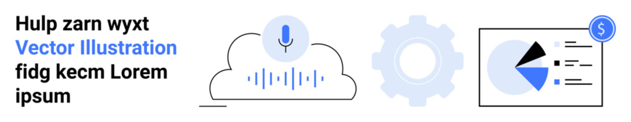 Cloud with mic symbol, gear icon, analytics chart with dollar sign. Ideal for technology, analytics, voice command, automation, cloud computing, data visualization simple landing page