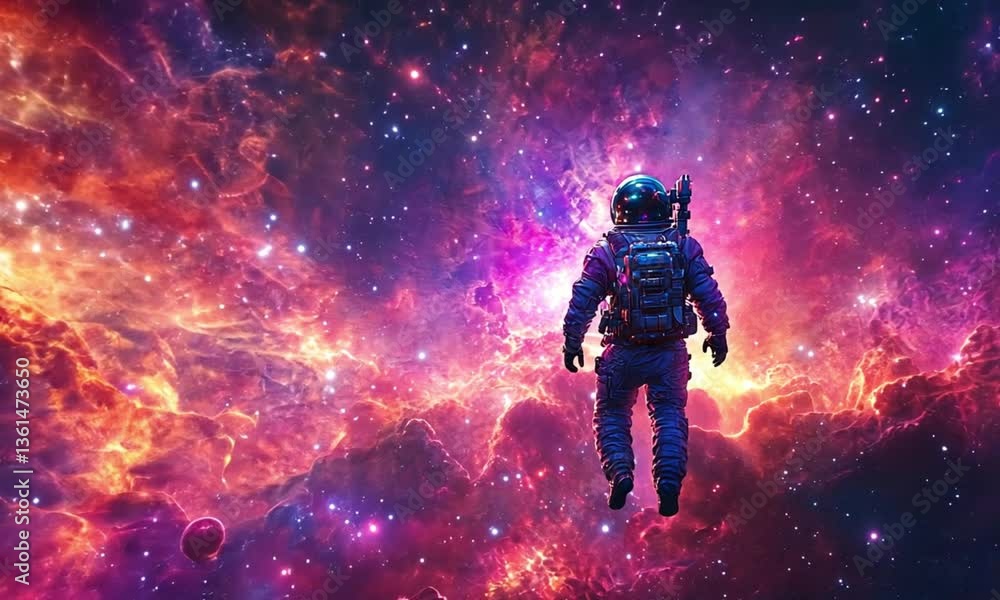 Wall mural Astronaut in a glowing nebula space, surrounded by colorful cosmic dust and floating through the vast universe.  