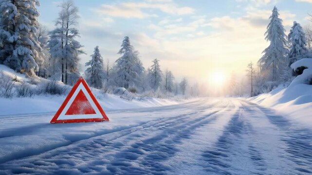 A warning triangle stands in the snow on a deserted winter road