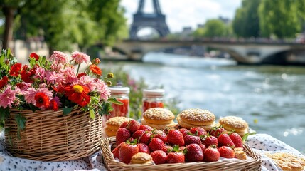 Picnic in nature with strawberries and croissants in paris