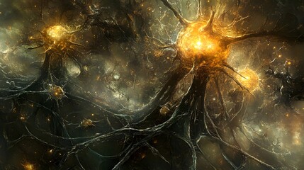Glowing neurons firing, cosmic background, science illustration