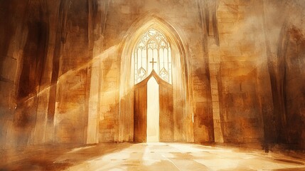 Watercolor of an arched church door slightly ajar with warm light shining through, in soft beige tones.