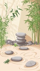 A serene zen garden scene featuring bamboo and balanced stones