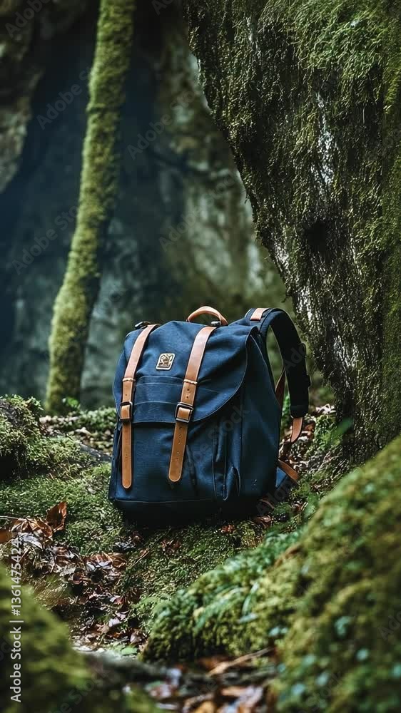 Poster backpack resting on mossy ground in a serene forest setting with stone formations in the background