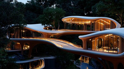 Fototapeta premium Innovative organic architecture forest setting modern home design nighttime aesthetic elevated perspective sustainable living