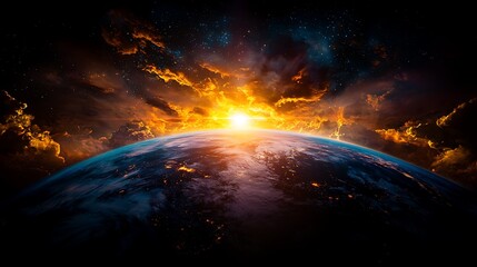 Dramatic sunrise over earth outer space digital art cosmic landscape aerial view natural beauty