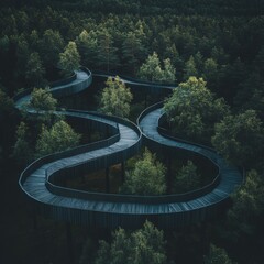 Hamaren Activity Park Green Pines trees aerial top view with curved Treetop Walk. Traveling, architecture design and beauty in Nature concept image. Summer Norway, Europe.