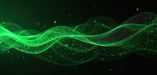 Abstract tech background with green neon glowing light lines on black backdrop. Futuristic design. Digital wave energy flowing, dynamic motion, artistic visual. Perfect for tech industry, web design,