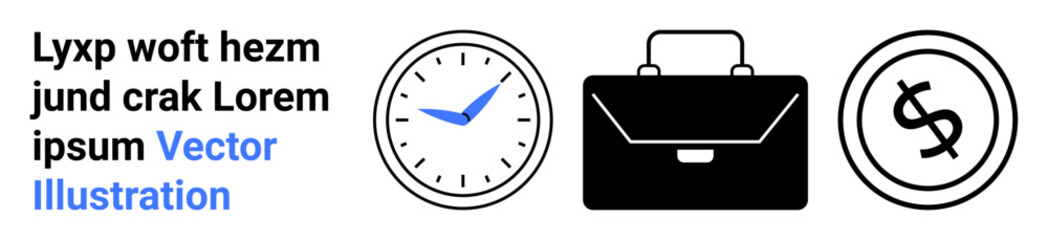 Clock with blue hand, black briefcase, and a circular dollar sign outline. Ideal for business strategy, financial decisions, time value, productivity, careers, goal planning abstract line flat