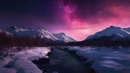 Enchanting Winter Night Milky Way over Snow-Covered Mountains and River