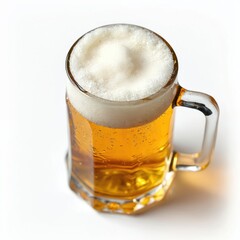 Top view of refreshing cold beer mug isolated on white. Frothy head, transparent golden lager drink with bubbles, condensation. Perfect for bar pub menu, party, celebration, brewery advertising,