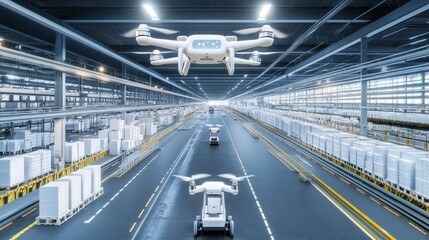 Obraz premium Drone warehouse inventory automation, robots & packages