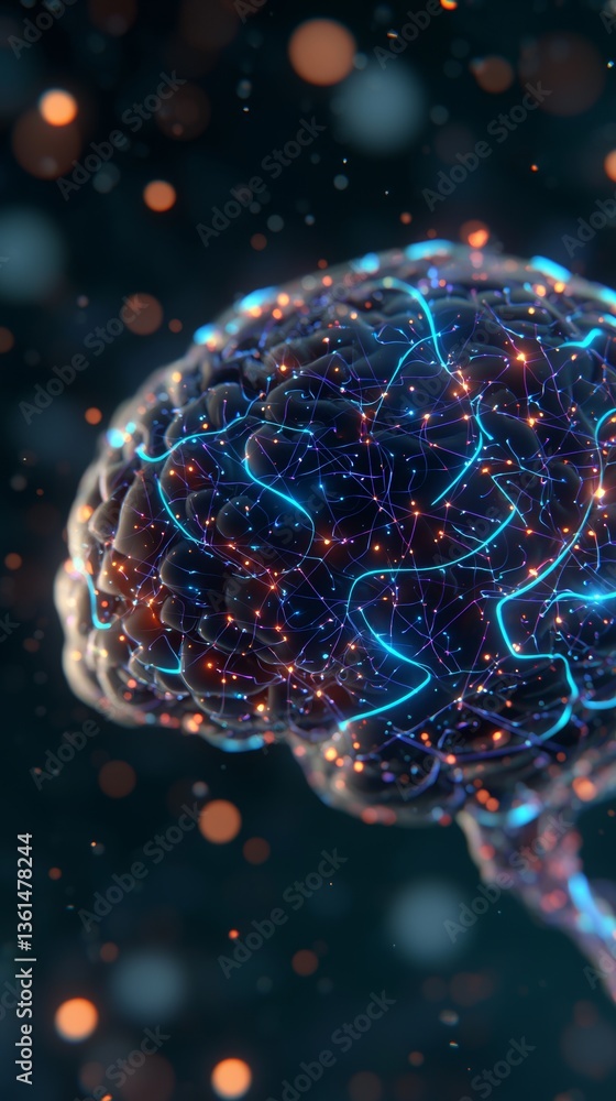 Poster abstract glowing human brain neurons digital realm 3d visualization cosmic environment close-up view