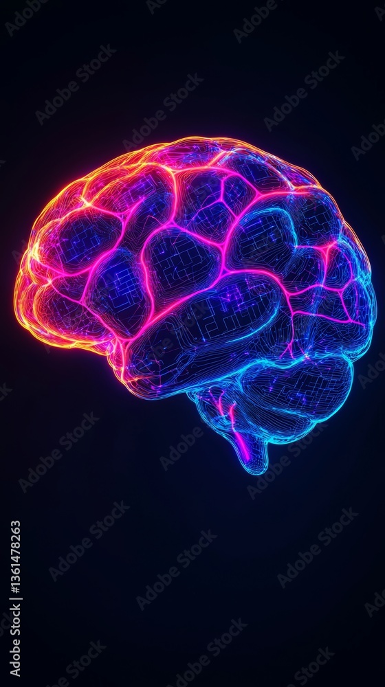 Poster abstract neon brain digital neural visualization virtual space 3d art dark background futuristic con