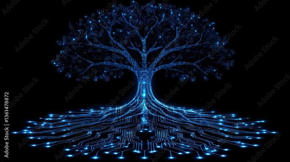 Poster glowing digital tree of life abstract space visual art futuristic environment close-up digital conne