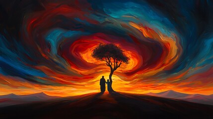 Romantic sunset silhouette serene landscape digital art vibrant colors wide view love concept