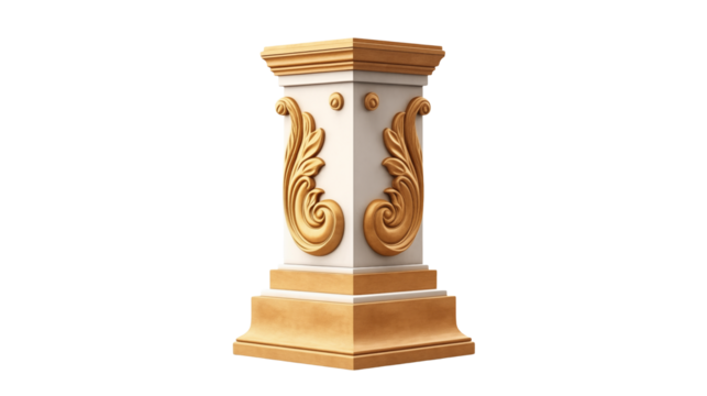 Isolated pedestal with golden floral decoration on white