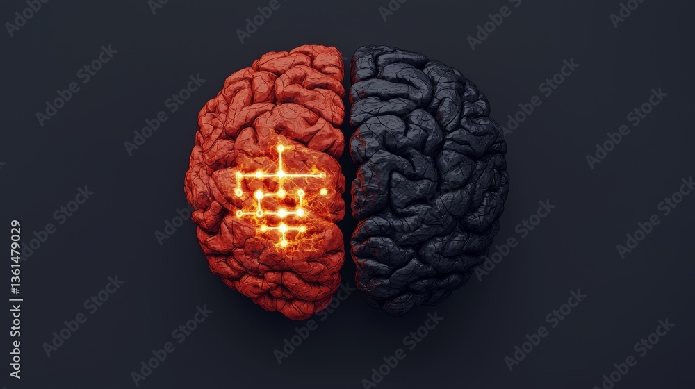Poster duality of mind abstract render of two contrasting brains digital art dark environment conceptual vi