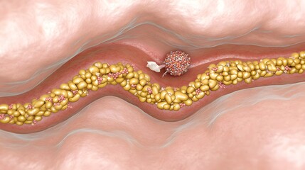 Fototapeta premium Microscopic Blood Vessel, Fat Cells, Inflammation, 3D Rendering, Medical Illustration