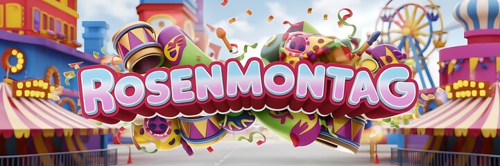 A bold and festive 2D graphic design celebrating Rosenmontag featuring the word &lsquo;Rosenmontag&rsquo; in dynamic typography surrounded by colorful streamers, confetti, drums, balloons in lively carnival style