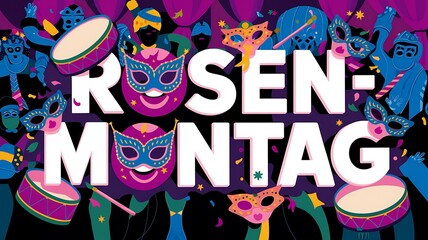 A bold and festive 2D graphic design celebrating Rosenmontag featuring the word ‘Rosenmontag’ in dynamic typography surrounded by colorful streamers, confetti, drums, balloons in lively carnival style