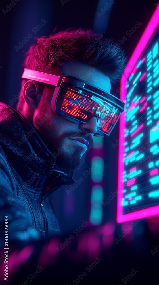 Poster futuristic hacker man in neon cyberpunk environment cityscape digital art high-tech close-up virtual