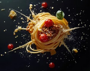 Delicious spaghetti dish elegantly styled with fresh tomatoes, herbs, and cheese on a dark background for food photography lovers and culinary inspiration