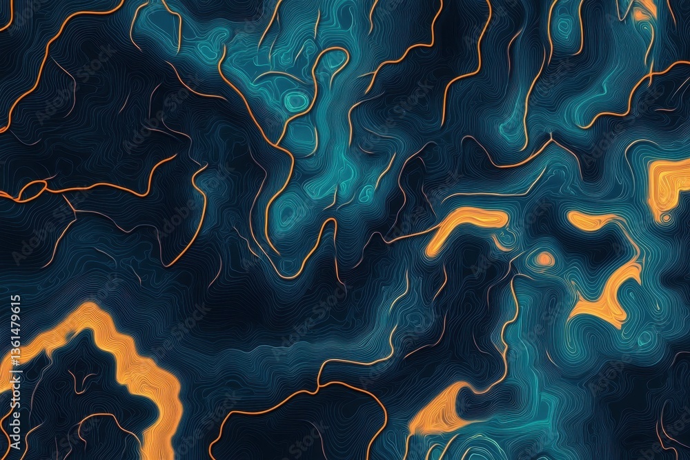 Poster abstract cube topography featuring dark tones and vibrant orange lines in a seamless pattern, dark a