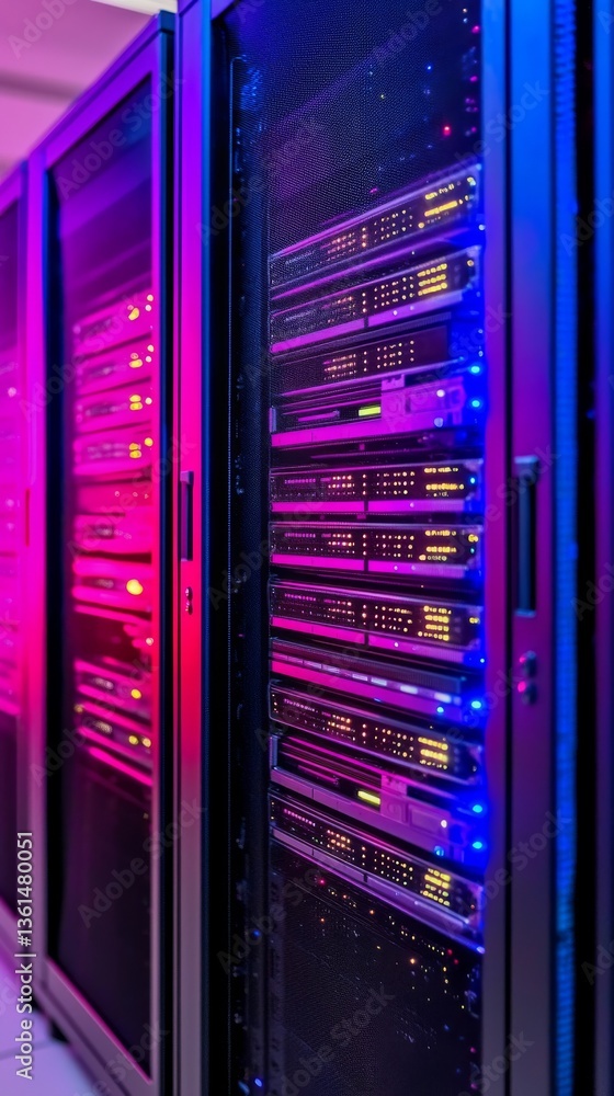 Poster vibrant illuminated data center showcase modern technology facility digital infrastructure colorful 