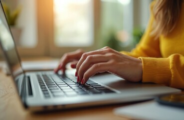 Close-up woman hands typing laptop computer. Unrecognizable person browsing online working home, freelance blogger sharing information. Hands key buttons pc keyboard.