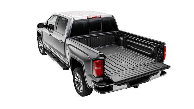 Rear view of a gray pickup truck with an open truck bed