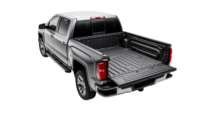 Rear view of a gray pickup truck with an open truck bed