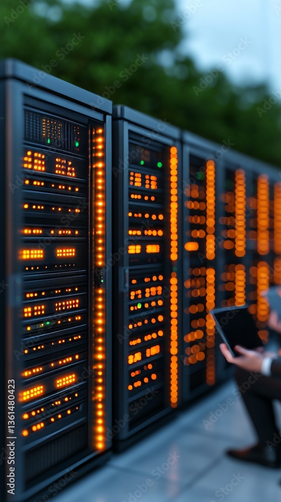 Aufkleber data center servers illuminated at night technology hub digital infrastructure urban setting close-u