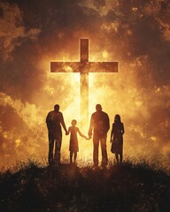 Family silhouette stands before a radiant Cross, symbolizing faith as their foundation.