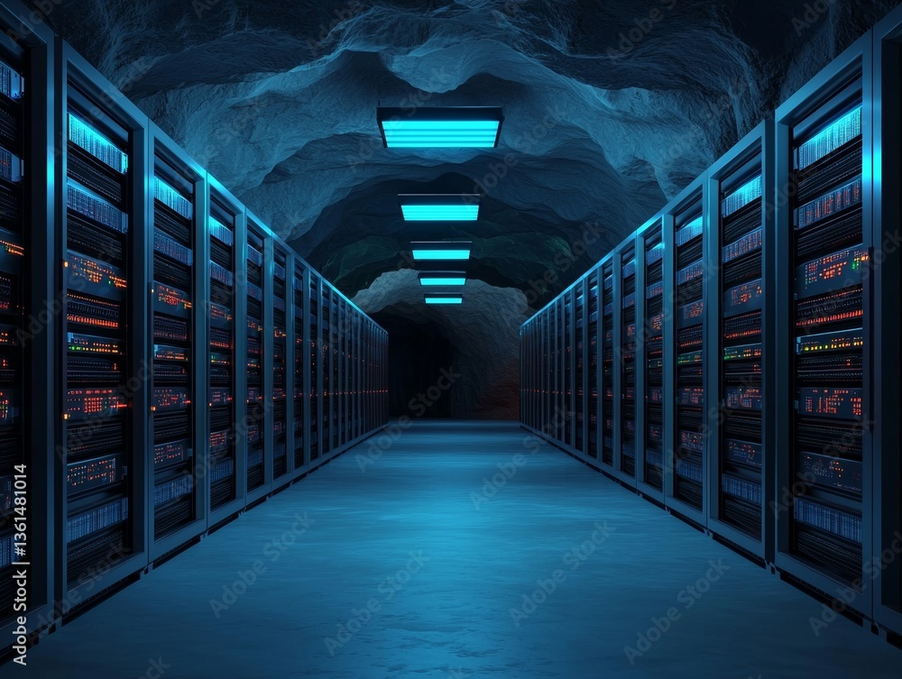 Poster secure data center servers in underground facility high-tech environment futuristic viewpoint data s