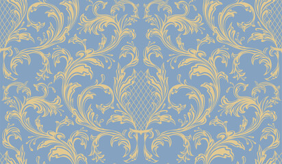 Gentle vector rococo seamless pattern. Ornament with yellow silhouette of floral curls on blue background. Vintage texture for wallpaper and wrapping paper.