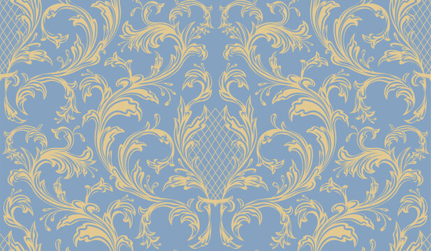 Fototapeta Gentle vector rococo seamless pattern. Ornament with yellow silhouette of floral curls on blue background. Vintage texture for wallpaper and wrapping paper.