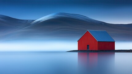 Red House on Dark Reflective Lake with Fog