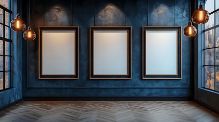 Three large blank wall frames hanging on dark blue walls in an art gallery with wooden floors and warm lighting 