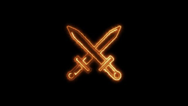 Glowing neon animation of two crossed medieval swords. Bright neon crossed swords with a smooth glowing animation. Flashing neon crossed swords animation in a medieval style.