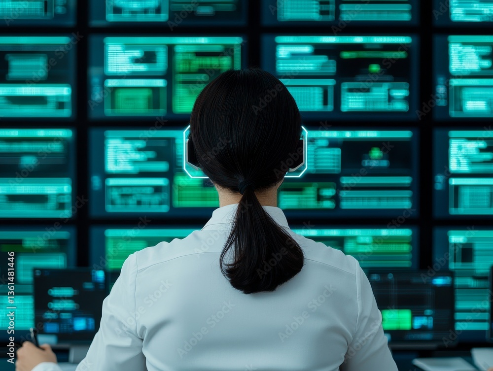 Poster data analyst monitoring digital metrics in high-tech control room futuristic environment professiona