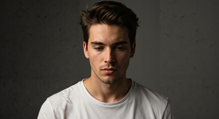 Naklejka premium Thoughtful young man expressing deep emotions against a neutral background 