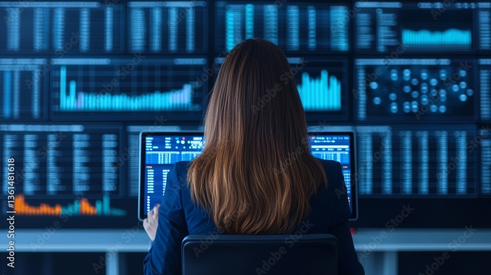 Poster businesswoman analyzing data on multiple screens in office space technology-driven environment focus