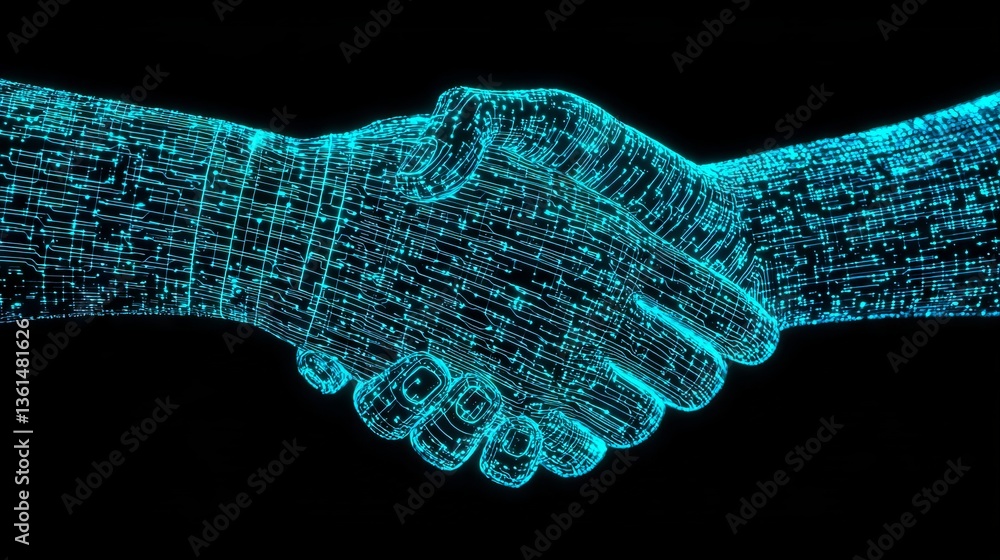 Poster digital handshake in an abstract network environment illustrating connectivity and collaboration fut